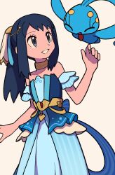  1girl akari_(pokemon) akari_(summer_2026)_(pokemon) black_hair blue_dress commentary dress eyelashes grey_eyes grin hair_ornament hand_up happy highres jewelry long_hair manaphy neck_ring off-shoulder_dress off_shoulder official_alternate_costume pokemon pokemon_(creature) pokemon_masters_ex ponytail sidelocks smile teeth tyako_089 untranslatable_commentary 