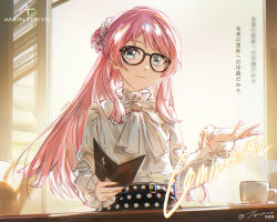  1girl anon_tokyo_(bang_dream!) bang_dream! bang_dream!_it's_mygo!!!!! braid chihaya_anon chinese_commentary commentary_request commission cup glasses grey_eyes half_up_braid highres long_hair long_sleeves pink_hair shirt signature solo translation_request tumaomao white_shirt 