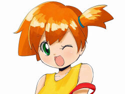  1girl :d ;d collarbone commentary_request eyelashes green_eyes happy misty_(pokemon) omochi_popo one_eye_closed one_side_up open_mouth orange_hair pokemon pokemon_(anime) pokemon_(classic_anime) shirt short_hair simple_background sleeveless sleeveless_shirt smile solo suspenders suspenders_slip upper_body white_background yellow_shirt 