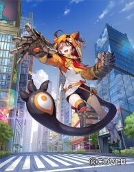  1girl :d ahoge black_shorts blonde_hair blue_sky brown_hair building clothing_cutout clouds commentary_request full_body gauntlets gigi_murin gigi_murin_(1st_costume) hip_vent hololive hololive_english hood hood_up multicolored_hair official_art orange_hood paw_shoes pink_eyes shirt shoes shorts sidewalk sky smile solo tail tauta_(meshia8787) teeth tongue twintails two-tone_hair upper_teeth_only virtual_youtuber white_shirt white_shoes 