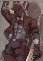  1boy batman_(series) batman_symbol black_bodysuit black_gloves bodysuit brown_jacket commentary dc_comics english_commentary gloves grey_bodysuit highres jacket jason_todd male_focus multicolored_bodysuit muscular muscular_male non_unooo pants red_hood_(dc) red_hood_and_the_outlaws superhero_costume taut_bodysuit taut_clothes two-tone_bodysuit 