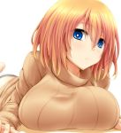  1girl barefoot blonde_hair blue_eyes blush breasts closed_mouth female frown hair_between_eyes highres large_breasts long_sleeves looking_at_viewer lying on_stomach original ribbed_sweater short_hair simple_background solo sweater turtleneck watarui white_background 