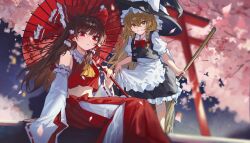  2girls apron ascot blonde_hair bow braid broom brown_hair cherry_blossoms commentary_request detached_sleeves fr-ee-dom frilled_bow frilled_hair_tubes frills hair_tubes hakurei_reimu hat hat_bow highres holding holding_broom holding_umbrella kirisame_marisa long_hair looking_at_viewer multiple_girls navel oil-paper_umbrella parted_lips red_bow red_eyes red_skirt red_umbrella ribbon-trimmed_sleeves ribbon_trim short_sleeves side_braid sitting skirt smile torii touhou umbrella waist_apron white_bow witch_hat yellow_ascot yellow_eyes 