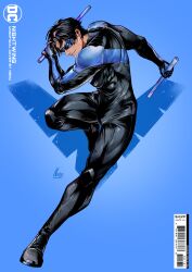  1boy absurdres batman_(series) batman_symbol black_bodysuit blue_bodysuit blue_mask bodysuit dc_comics domino_mask escrima_sticks eye_mask highres male_focus mask multicolored_bodysuit muscular muscular_male nightwing non_unooo smile solo superhero_costume taut_bodysuit taut_clothes tight_clothes two-tone_bodysuit 