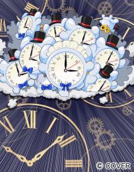  blue_bow blue_bowtie bow bowtie clock commentary_request company_name copyright_notice gears hat hololive hololive_english homa_corn kronie_(ouro_kronii) maid_headdress official_art roman_numeral top_hat virtual_youtuber winding_key 