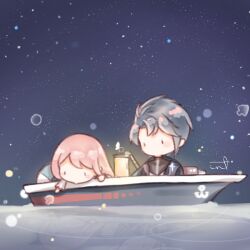 1boy 1girl aeon_(shining_nikki) anchor black_eyes black_shirt bloom_poetry_(shining_nikki) blue_coat blue_hair blush_stickers bug butterfly chibi chinese_commentary coat commentary_request cross_pin dress hood hood_down hooded_coat interruption_(echo-023) jacket lantern leaning_forward lifebuoy light_particles long_hair long_sleeves looking_at_another looking_at_reflection messy_hair night nikki_(nikki) nikki_(series) no_mouth ocean open_clothes open_coat outdoors parted_bangs pinafore_dress pink_hair pointing pout reflection reflective_liquid shining_nikki shirt short_hair sky sleeveless sleeveless_dress solid_oval_eyes star_(sky) starry_sky straight_hair striped_clothes striped_shirt swim_ring turtleneck turtleneck_shirt upper_body vertical-striped_clothes vertical-striped_shirt water white_jacket white_shirt zipper 