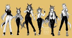  6+girls ahoge alternate_costume animal_ears belt blunt_bangs bow breasts collared_shirt commentary_request curtained_hair dream_journey_(casual)_(umamusume) dream_journey_(umamusume) ear_bow ear_covers facing_viewer fang feather_hair_ornament feathers fenomeno_(umamusume) fingerless_gloves flipped_hair full_body glasses gloves gold_ship_(casual)_(umamusume) gold_ship_(umamusume) greyscale_with_colored_background grin hair_between_eyes hair_ornament hand_on_another's_arm hand_on_own_chest hand_up highres horse_ears horse_girl horse_tail jewelry lineup long_hair looking_at_viewer low_ponytail medium_breasts multicolored_hair multiple_girls nakayama_festa_(festival_game)_(umamusume) nakayama_festa_(umamusume) neck_ribbon necklace necktie official_alternate_costume official_alternate_hairstyle open_mouth orfevre_(umamusume) pants pillbox_hat pointing pointing_at_viewer ponytail ribbon shirt shoes simple_background single_ear_cover small_breasts smile stay_gold_(umamusume) stay_gold_clan_(umamusume) streaked_hair suspender_pants tail teeth umamusume uzaki_(jiro) very_long_hair vest yellow_background 