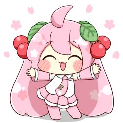  1girl :3 :d ^_^ ahoge blush_stickers cherry_hair_ornament chibi chibi_only closed_eyes commentary_request detached_sleeves double-parted_bangs food-themed_hair_ornament full_body hair_ornament hatsune_miku long_hair necktie nukotun open_mouth outstretched_arms pink_hair pink_necktie sakura_miku simple_background smile solo spread_arms standing twintails vocaloid white_background 