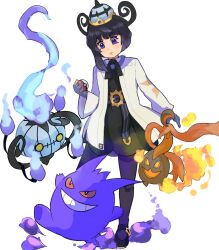  1girl belt belt_buckle black_dress black_shoes bob_cut buckle chandelure closed_mouth coat commentary_request dress eyelashes full_body gengar gloves gourgeist gwynn_(pokemon) hat highres holding holding_poke_ball long_sleeves looking_at_another looking_down mega_stone o-ring o-ring_belt open_clothes open_coat pantyhose partially_fingerless_gloves poke_ball poke_ball_(basic) pokemon pokemon_(creature) pokemon_legends:_z-a purple_gloves purple_hair purple_pantyhose shoes short_hair takutarou violet_eyes white_background white_coat 
