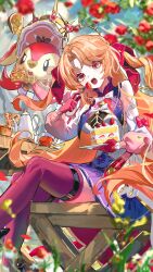  1girl absurdres bare_shoulders cake cake_slice chair commentary_request crossed_legs detached_sleeves eating food fork fruit gloves hand_up highres holding holding_fork holding_plate honkai:_nexus_anima honkai_(series) hungrille_(honkai:_nexus_anima) long_hair long_sleeves looking_at_viewer mochi_upamo on_chair open_mouth orange_hair plate red_eyes red_gloves red_thighhighs sitting strawberry teeth thigh-highs upper_teeth_only very_long_hair 