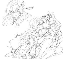  2girls artist_name blush choker closed_mouth commentary_request crossed_bangs dress drill_hair drill_ponytail fingerless_gloves firefly_(honkai:_star_rail) from_side full_body fur-trimmed_jacket fur_trim gloves goggles goggles_on_head hair_between_eyes hair_ornament hair_ribbon hairband hairclip half-closed_eyes handheld_game_console hands_up high_ponytail highres hisyo152 holding holding_handheld_game_console honkai:_star_rail honkai_(series) jacket leaf_hair_ornament long_hair long_sleeves looking_at_another looking_at_viewer monochrome multiple_girls multiple_views on_bed open_clothes open_jacket pillow ponytail puffy_long_sleeves puffy_sleeves ribbon sailor_collar seiza shoes short_shorts shorts silver_wolf_(honkai:_star_rail) simple_background sitting sketch smile sweatdrop tank_top thigh-highs upper_body wavy_hair yuri 