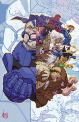  acecore2k bodysuit claw_(weapon) facial_hair gambit highres juggernaut_(x-men) long_hair magneto marvel multicolored_bodysuit multiple_boys multiple_girls muscular muscular_male rogue_(x-men) storm_(x-men) street_fighter superhero_costume two-tone_bodysuit weapon white_hair wolverine_(x-men) x-men yellow_bodysuit 