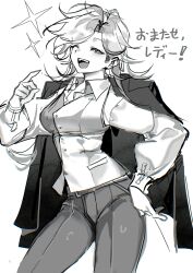  0916psy 1girl absurdres breasts collared_shirt commentary_request deltarune flowery_(deltarune) genderswap genderswap_(mtf) greyscale hand_on_own_hip highres jacket jacket_on_shoulders korean_commentary long_hair monochrome one_eye_closed open_mouth pants shirt smile solo sparkle utdr_(toby_fox) vest 