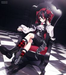 1boy absurdres ascot black_hair black_shorts black_vest boots checkered_floor checkered_socks crossed_legs hat highres looking_at_viewer maguro27 mini_hat mini_top_hat multicolored_hair on_throne original red_eyes red_hair shirt shorts sitting smile solo streaked_hair sweater_vest throne top_hat two-tone_hair variant_set vest victorian white_shirt 
