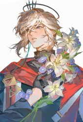  1boy absurdres arknights black_gloves black_halo blonde_hair blue_eyes blue_flower bouquet chinese_commentary commentary_request executor_(arknights) executor_the_ex_foedere_(arknights) flower gloves hair_between_eyes halo highres long_sleeves looking_to_the_side male_focus mechanical_halo parted_lips sanye308 short_hair simple_background solo upper_body white_background white_lily 