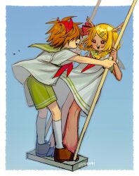  1girl 1other absurdres antlers black_eyes blonde_hair braid brown_hair brown_shoes commentary deer_antlers deer_girl deltarune dress english_commentary fake_horns furry furry_female green_sailor_collar green_shorts hair_ornament hairband hairclip highres horn_hairband horns kris_(deltarune) muusumi neckerchief noelle_holiday on_swing red_horns red_neckerchief red_pupils sailor_collar shirt shoes shorts smile socks swing twin_braids utdr_(toby_fox) white_dress white_shirt white_socks 