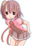  1girl :p fuyuno_mikan leaning_forward looking_at_viewer miniskirt pleated_skirt ponytail short_hair side_ponytail simple_background skirt smile solo tongue tongue_out white_background 