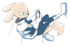  1boy ai_(puyopuyo) ancesra animal_ears animal_nose aqua_eyes artist_name bandaged_tail belt blue_bodysuit blue_trim body_fur bodysuit boots capelet dog_boy dog_ears dog_tail from_side full_body furry furry_male glasses gloves handheld_game_console hands_up holding holding_handheld_game_console knee_boots leg_up male_focus nintendo_switch non-web_source pince-nez playing_games playing_video_games profile puyopuyo puyopuyo_tetris rimless_eyewear signature simple_background sitting sketch solo tail tears white_background white_boots white_capelet white_gloves 