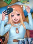  1girl :d bad_id blonde_hair bottle brown_eyes chips doma_umaru food from_above gohpot hamster handheld_game_console highres himouto!_umaru-chan hood lying manga_(object) nekoronbusu on_back open_mouth pillow playstation_portable potato_chips realistic smile soda_bottle solo upper_body wooden_floor 