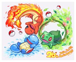  anniversary blue_eyes bright_pupils bulbasaur charmander fangs fire flame-tipped_tail full_body kiritani846 leaf no_humans plant poke_ball pokemon pokemon_(creature) red_eyes squirtle starter_pokemon_trio tail vines water white_pupils 