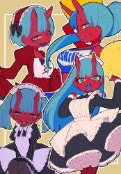  4girls absurdres apron black_dress blue_eyes blue_hair blue_tongue cheerleader colored_sclera colored_skin colored_tongue curtsey dress fangs frilled_apron frills highres horns iwako_(eiken3kyuboy) long_hair looking_at_viewer maid_headdress monster_girl multiple_girls oni open_mouth original petticoat pom_pom_(cheerleading) ponytail red_dress red_skin short_hair skin-covered_horns sweat teeth tongue tongue_out twintails upper_teeth_only yellow_background yellow_sclera 