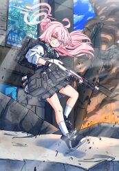  1girl ah-64_apache ahoge air-to-surface_missile aircraft ammunition_pouch aqua_necktie attack_helicopter beretta_1301 beretta_92 black_gloves black_skirt blue_archive blue_eyes blue_shoes building bulletproof_vest closed_mouth commentary_request debris dress_shirt dynamic_pose eyes_visible_through_hair fingerless_gloves fire full_body gloves gun hair_over_one_eye halo handgun helicopter heterochromia highres hihachi holding holding_gun holding_weapon hoshino_(armed)_(blue_archive) hoshino_(blue_archive) long_hair military_vehicle missile_pod necktie official_alternate_costume official_alternate_hairstyle orange_eyes outdoors pink_hair pink_halo plaid_clothes plaid_skirt ponytail pouch reflection school_uniform shirt shoes shotgun skirt smile smoke smoke_grenade socks solo tactical_school_uniform urban weapon white_shirt white_socks window 