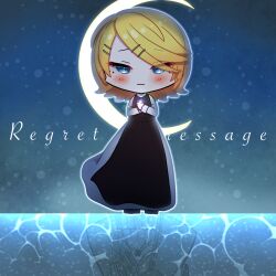  1girl apron backlighting black_apron blonde_hair blue_eyes book chibi commentary_request crescent_moon different_reflection dress erifura evillious_nendaiki flower frilled_dress frills guimpe hair_ornament hairclip highres holding holding_book kagamine_rin light_blush light_frown long_apron long_dress looking_at_viewer moon nun ocean parallel_hairclips petticoat reflection regret_message_(vocaloid) riliane_lucifen_d'autriche rose short_hair solo song_name swept_bangs vocaloid water white_dress yellow_dress yellow_flower yellow_rose 