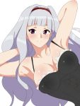  1girl armpits arms_behind_head bangs blush breasts cleavage corset female highres idolmaster kagemusha large_breasts long_hair shijou_takane silver_hair simple_background smile solo violet_eyes white_background 