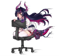  1girl ahoge blush body_markings boots chair choker closed_mouth collared_shirt dragon_girl dragon_horns dragon_tail english_commentary finger_claws frilled_sleeves frills full_body hair_between_eyes hair_ornament hairclip high_heel_boots high_heels highres horns kiravalentine13 leaning_forward long_hair long_sleeves looking_to_the_side multicolored_hair neverness_to_everness office_chair on_chair plump purple_claws purple_nails red_eyes red_shorts see-through_clothes shinku_(nte) shirt short_shorts shorts shy sitting solo streaked_hair swivel_chair tail thick_thighs thigh-highs thighs two-tone_hair wariza wet wet_clothes wet_shirt white_shirt white_thighhighs 