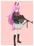  1girl animal_ears blazer gun highres kneehighs long_hair machine_gun millimeter multiple_girls necktie pleated_skirt purple_hair rabbit_ears red_eyes reisen_udongein_inaba shoes simple_background skirt solo touhou trigger_discipline weapon 