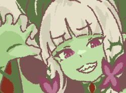  1girl blonde_hair blunt_bangs claw_pose commentary furrowed_brow green_background green_theme grin hair_ornament jaggy_lines korean_commentary leaf_hair_ornament looking_at_viewer lowres original plant portrait raised_eyebrows red_eyes smile solo toshill2 tsurime vines wigglypaint_(medium) 