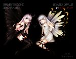  2girls absurdres aerie_(bravely_default) anne_(bravely_second) antenna_hair artist_name bare_shoulders black_background blue_eyes bravely_default:_flying_fairy bravely_default_(series) bravely_second bravely_second:_end_layer butterfly_wings copyright_name cross-laced_legwear dress fairy gloves grey_eyes highres leotard long_hair looking_at_viewer multiple_girls pointy_ears silver_hair simple_background smile spoilers strapless strapless_dress thigh-highs watermark white_dress wings 