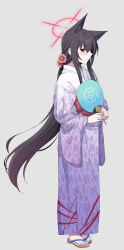  1girl animal_ears black_hair blue_archive blush eko floral_print floral_print_kimono flower fox_ears fox_girl hair_between_eyes hair_flower hair_ornament halo hand_fan highres holding holding_fan japanese_clothes kimono long_hair obi paper_fan print_kimono purple_kimono red_eyes red_halo sandals sash smile solo uchiwa very_long_hair yukata yukino_(blue_archive) zouri 