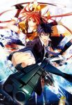  1boy 1girl aihara_enju black_bullet gun highres kicking long_hair motion_blur official_art redhead satomi_rentarou weapon 