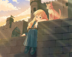  1girl black_shoes blush book castle cat child clouds cloudy_sky crookshanks harry_potter_(series) hermione_granger light_smile nakamu shoes sitting sky sunlight witch wizarding_world 