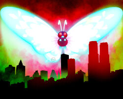  antennae artist_name building butterfree city dynamax fangs flying full_body gigantamax gigantamax_butterfree glowing glowing_wings highres jamiewilsondraws making-of_available no_humans pokemon pokemon_(creature) pokemon_focus skyscraper solo wings 