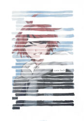  1boy absurdres antenna_hair black_streaks blackout_poetry blue_eyes commentary_request english_text grey_jacket half-closed_eyes highres hood hoodie jacket jacket_over_hoodie looking_at_viewer male_focus multicolored_hair nelt red_hair smile solo streaked_hair sumino_takumi teeth the_hundred_line_-last_defense_academy- white_hoodie 