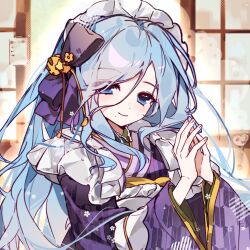  1girl apron blue_hair blush bow chinese_commentary closed_mouth commentary_request eyes_visible_through_hair hair_bow highres hinomori_shizuku japanese_clothes kimono long_bangs long_hair long_sleeves maid maid_apron maid_headdress malayueqiuren mole mole_under_mouth print_kimono project_sekai purple_bow purple_kimono smile solo steepled_fingers tareme upper_body wa_maid white_apron wide_sleeves yagasuri 