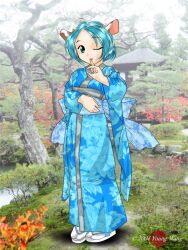  1girl 2000s_(style) animal_ears arm_across_waist artist_name back_bow blue_eyes blue_hair blue_kimono blue_sash bow commentary cow_ears cow_horns dated english_commentary finger_to_mouth full_body geta hand_up happy hoihoisan horns japanese_clothes kimono light_smile obi one_eye_closed photo_background red_lips sash shadow short_hair small_horns solo standing tabi ushicon ushiko 