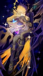  1boy 2357439177z amphoreus_(honkai:_star_rail) armor asymmetrical_wings black_bodysuit black_boots blonde_hair blood blood_on_face blue_butterfly blue_sky bodysuit boots bug butterfly cape closed_eyes commentary covered_mouth cracked_skin flying full_body gauntlets hair_between_eyes halo halo_behind_head hands_up holding honkai:_star_rail honkai_(series) male_focus orange_cape outdoors pauldrons phainon_(honkai:_star_rail) phainon_(khaslana)_(honkai:_star_rail) purple_butterfly short_hair shoulder_armor single_gauntlet single_pauldron sky solo space star_(sky) waist_cape wings yellow_halo 