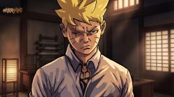  1boy blonde_hair blue_eyes boruto:_two_blue_vortex boruto_(series) chest_tattoo commentary commission disgust english_commentary eyebrow_cut facial_mark frown furrowed_brow highres hyperaintbad light_rays male_focus naruto_(series) portrait scar scar_across_eye scar_on_face signature solo straight_hair sweatdrop tattoo uzumaki_boruto whisker_markings 