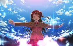  1girl brown_hair closed_eyes idolmaster idolmaster_cinderella_girls long_hair one_side_up open_mouth outstretched_arms shimamura_uzuki sky smile solo yuuki_tatsuya 