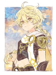  1boy 9gakuga aether_(genshin_impact) ahoge arm_armor armor blonde_hair blue_sky blush border braid brown_pants brown_shirt closed_mouth clouds cloudy_sky commentary_request evening genshin_impact gold_trim hair_between_eyes hair_ornament hair_ribbon hair_tubes highres long_hair looking_at_viewer low-braided_long_hair low-tied_long_hair male_focus midriff navel orange_eyes outdoors outside_border pants ribbon shirt short_sleeves shoulder_armor single_braid single_hair_tube sky solo star_(symbol) sunset traditional_media white_border white_ribbon 