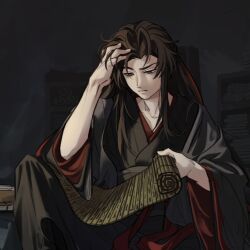 1boy bamboo_slips black_eyes black_hair black_hanfu book book_stack brown_hair chinese_clothes closed_mouth coat collarbone commentary grandmaster_of_demonic_cultivation grey_coat hair_down hair_ribbon half_updo hand_in_own_hair hand_on_own_head hanfu holding holding_scroll indoors knee_up long_hair long_sleeves looking_down male_focus official_alternate_costume official_alternate_hairstyle open_clothes open_coat papu_ri_ca reading red_ribbon red_sash ribbon robe sash scroll sidelocks sitting solo wei_wuxian wei_wuxian_(yiling_laozu) wide_sleeves 