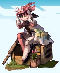 1girl absurdres animal animal_on_head antsinsipid aria_(robot)_(zenless_zone_zero) aria_(zenless_zone_zero) axolotl black_sclera blue_sky clouds cloudy_sky colored_sclera day flower green_eyes highres humanoid_robot joints looking_at_another minecraft minecraft_(style) on_head outdoors pink_hair robot robot_girl robot_joints sitting sky smile zenless_zone_zero