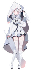  1girl :t absurdres animal_hood anparu armored_boots black_eyes black_gloves black_ribbon blush boots braid buttons cape cat_hood cropped_shirt crossed_bangs double-breasted double-parted_bangs full_body gloves gradient_eyes greatsword grey_hair hair_ribbon hand_on_own_hat high-waist_skirt high_collar highres holding holding_sword holding_weapon hood hood_up hooded_cape jitome knees_together_feet_apart layered_skirt looking_at_viewer miniskirt multicolored_eyes original pigeon-toed pink_eyes pout ribbon shiny_skin shirt simple_background skindentation skirt standing suspenders sword thigh-highs twin_braids vambraces weapon white_background white_cape white_shirt white_skirt white_thighhighs zettai_ryouiki 