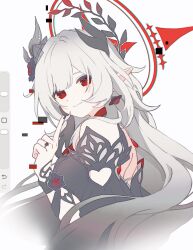  1girl alternate_eye_color alternate_hair_color breasts clothing_cutout cyrene_(demiurge)_(honkai:_star_rail) cyrene_(honkai:_star_rail) detached_sleeves earrings floating_hair flower glitch hair_ornament halo halo_behind_head highres honkai:_star_rail honkai_(series) jewelry ki_ii37 long_hair looking_at_viewer looking_back pointy_ears red_eyes ring rose single_earring smile symbol-shaped_pupils very_long_hair white_background white_hair 