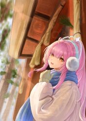  1girl absurdres aemeath_(wuthering_waves) ahoge alternate_costume blue_scarf chinese_commentary commentary_request earmuffs highres long_hair looking_at_viewer open_mouth orange_eyes partial_commentary pink_hair ponytail scarf smile solo su_su_su upper_body wuthering_waves 