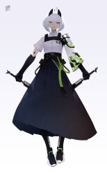 1girl :> absurdres ahoge artist_name asymmetrical_sleeves barcode belt black_belt black_gloves black_shoes black_skirt blunt_bangs bob_cut chest_harness closed_mouth collared_shirt colored_inner_hair eloise_(the_atko) eyelashes facing_viewer flame_print gloves green_belt green_eyes harness highres holding holding_sword holding_weapon id_card long_skirt long_sleeves looking_at_viewer multicolored_hair original pleated_skirt sheath shirt shoes short_hair short_sleeves signature skirt slit_pupils smile sneakers standing sword the_atko thick_eyebrows weapon white_background white_hair white_shirt wide_sleeves 
