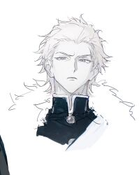 1boy absurdres blonde_hair blue_eyes blue_jacket cropped_shoulders fate/strange_fake fate_(series) fur-trimmed_jacket fur_trim hair_slicked_back highres jacket looking_at_viewer male_focus metama orlando_reeve parted_lips scar scar_on_face scar_on_forehead short_hair simple_background solo white_background 